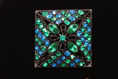Vintage Blue Green Rhinestone Brooch & Clip Earrings Set Black Japanned Metal