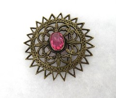Antique Large Round Brass Sunburst Brooch, Oval Pink Stone, C-clasp