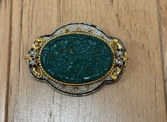 Vintage Czech? Green Peking Glass? Enamel & Seed Pearl Ornate Brooch Pin As-Is