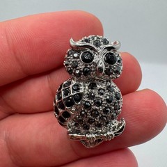 Vintage Black Crystal Owl Brooch Silver Tone Owl Pin Gift for Her