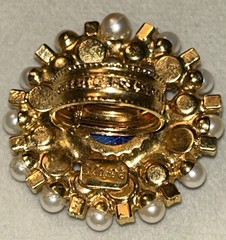 Rare Moans Couture Runway Ring Blue Art Glass Rhinestone Faux Pearl Size 5-6 80s