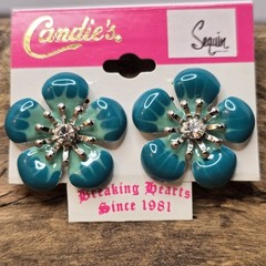 Vintage Blue Flower Stud Earrings Silver Tone Crystal Accent Candies 1980s #15