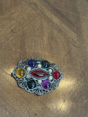 Vintage Czech? Multicolor Glass Cabochon Faux Pearl Brooch Pewter Tone Filigree!