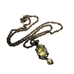 Vintage Filigree Pendant Necklace Yellow Citrine Glass Pearl Drop Gift For Her