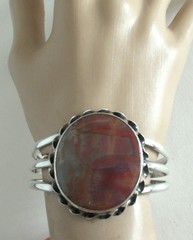 UNISEX HEAVY WIDE NAVAJO STERLING CUFF BRACELET w PETRIFIED WOOD, 51GR, 7 INCHES