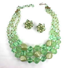 Vintage 50s Green Bauble Necklace Earrings Jewelry Set Frosted Opaque W Germany