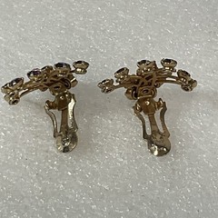 Vintage Purple Rhinestone Floral Cluster Clip-On Earrings Gold Tone