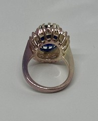 Rose Gold Dark Blue Oval Faceted Stone & Rhinestone Halo Ring Size 7