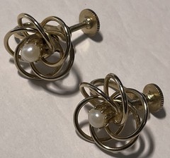 Vintage Gold Tone Pearl Love Knot Screw-Back Earrings