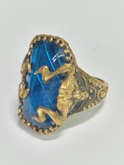 Antique Art Deco Blue Morpho Butterfly Wing Green Man? Pan? Czech? Ring Devil