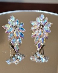 Vintage Cluster Earrings Crystal Aurora Borealis AB Marquis Pattern Omega Backs
