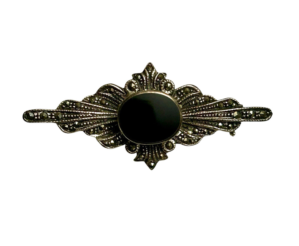 Vintage Sterling Silver Brooch Black Onyx Marcasite 925 Bezel 2″ Art Deco Style