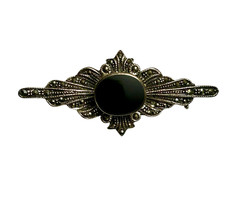 Vintage Sterling Silver Brooch Black Onyx Marcasite 925 Bezel 2″ Art Deco Style