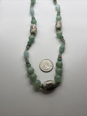 Vintage Chinese Hand-Painted Porcelain and Green Jade Beaded 34”Necklace