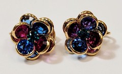 Swarovski Bezel Set Jewel Tone Crystal 3D Flower Earrings Vintage Multicolor