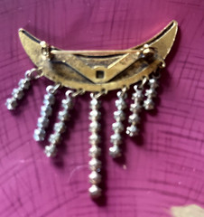 Vintage Crescent Moon Rhinestone Dangle Gold Tone Brooch Art Deco Look