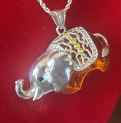 Amber Colored Silver Lucky Elephant W/ Rhinestones ,Chain 925 8 Grams Super Cute