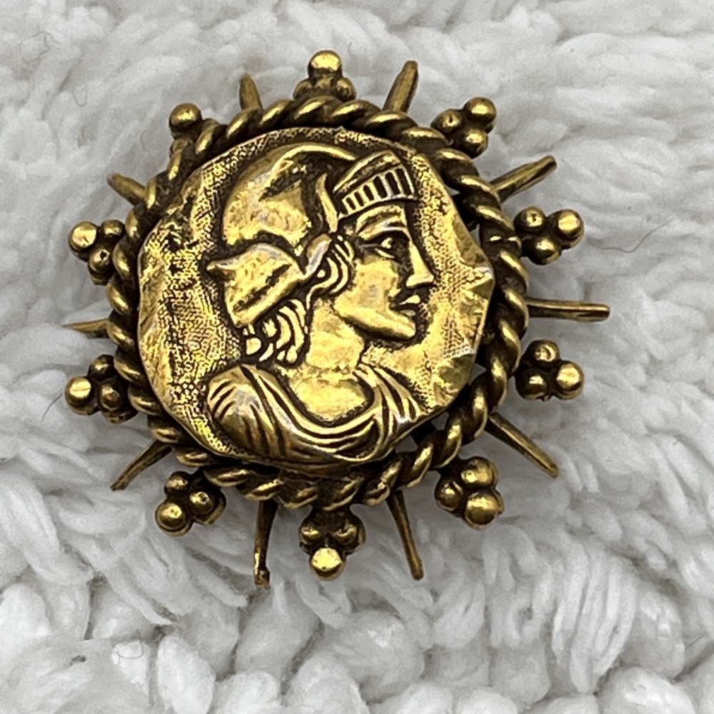 Vintage Greek Roman Soldier Brooch Victorian Revival Gold Tone Coin Style Pin 1″