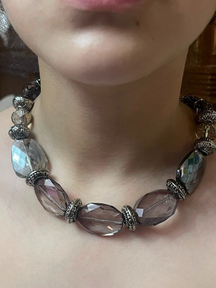 Boho Statement Beaded Necklace Gray Purple Faceted Beads Silver Tone Vintage Sty
