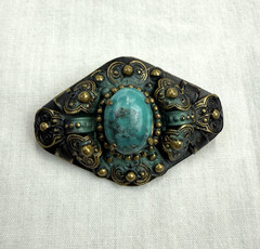 Vintage Czech Brooch Rhinestone Faux Turquoise Gold Tone Filigree Sash Pin