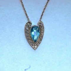 14K White Gold Blue Aquamarine Diamond Artistic Pendant Necklace, 18 Inch Chain