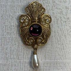Vintage Jeff Lieb Gold Tone Brooch Faux Pearl Rhinestone Purple