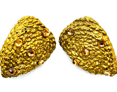 JEFF LIEB 80S VTG LARGE GOLD TONE ROPE RHINESTONE 3D CHUNKY EARRINGS- READ
