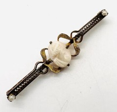 Long Art Deco Carved Shell Cameo Brooch Filigree Gold Filled Antique Jewelry