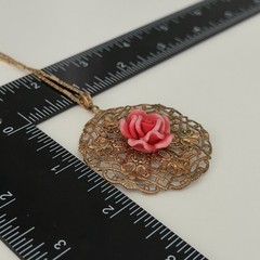 Vintage 925 Italy Sterling Silver Gold Vermeil Pink Rose Filigree Necklace
