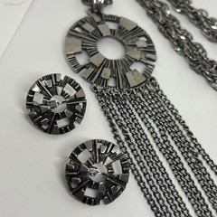 Vtg Sarah Coventry Pewter-Tone Mid-Century Modernist Style 22” Necklace Earring