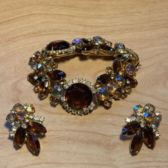 Vintage D&E Juliana Book Brown AB Headlight Rhinestone Bracelet Clip Earring Set