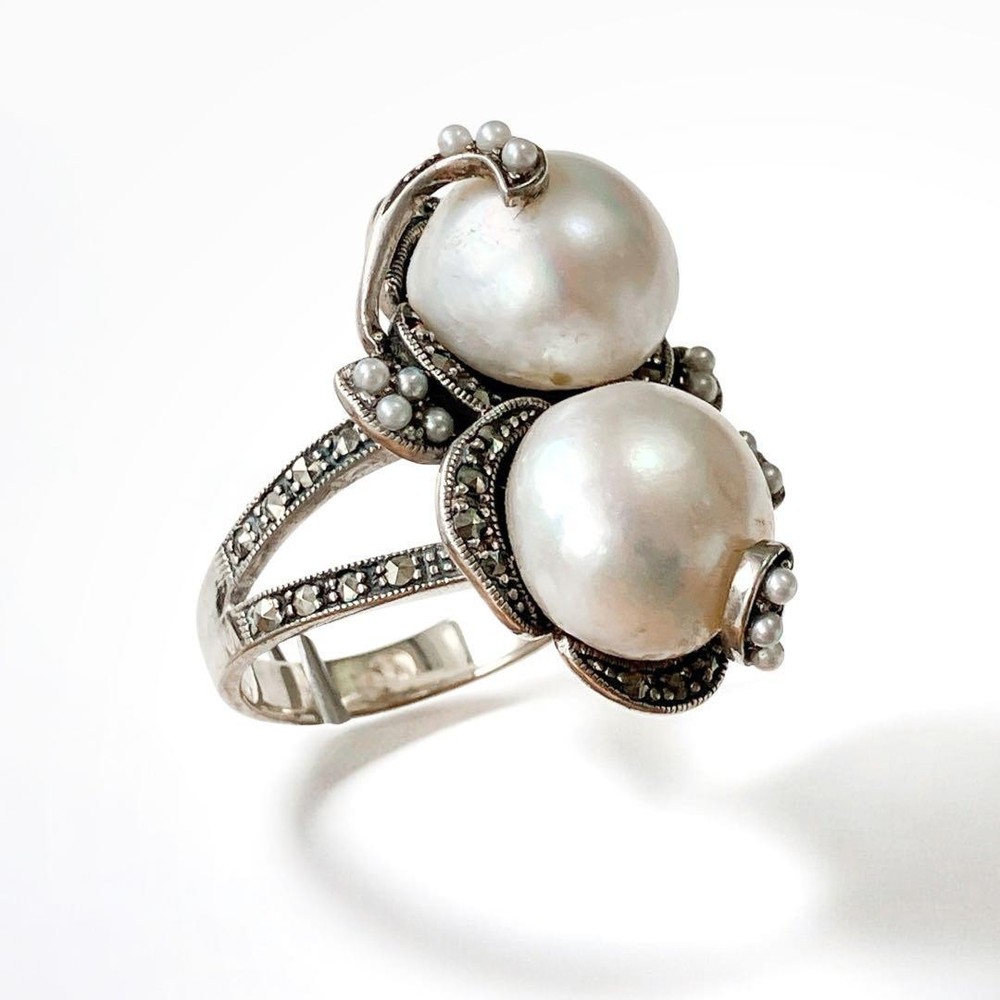 VINTAGE Vintage Baroque Pearl Marcasite Silver 925 Ring Size 7.5