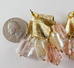 Lovely Chandelier Drop Earrings Pink Glass Crystal & Faux Pearls Gold Tone Post