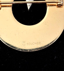 VTG Signed BOUCHER Gold Plated RED CLEAR CRYSTAL Ribbed CIRCLE Pin Brooch #3006