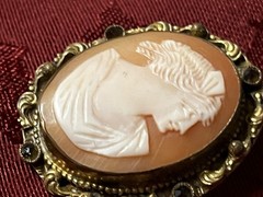 2 Antique Shell Cameo Brooches Pins One Is Ornate & Bejeweled