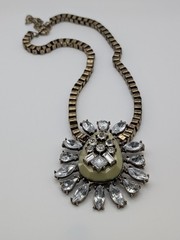 Vintage Statement Necklace Clear Rhinestones Antique Gold Tone Large Pendant