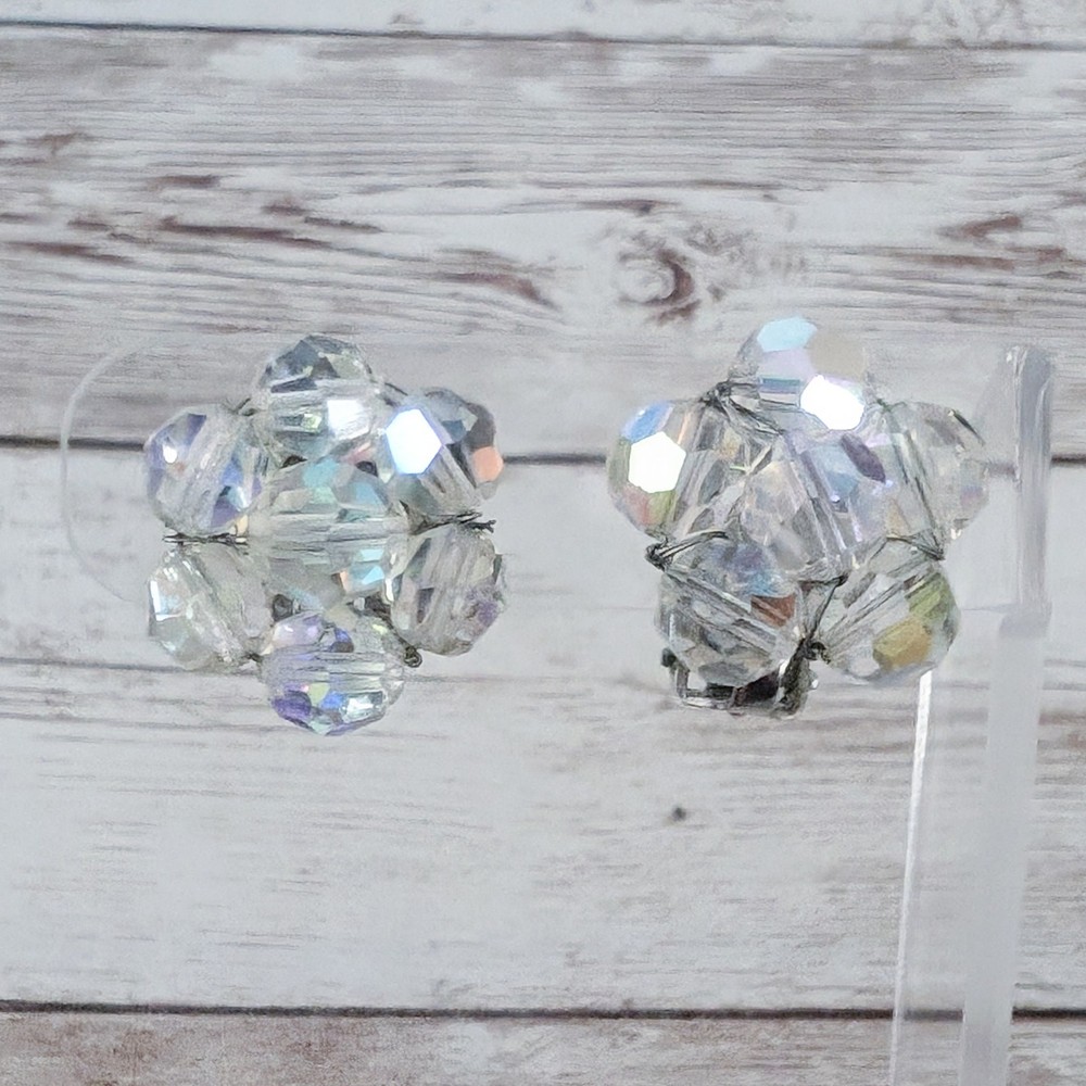 Vintage Clip On Earrings – Mismatched – Iridescent Cluster Earrings