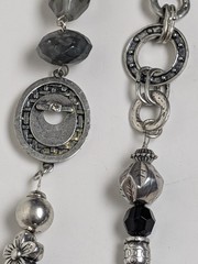 Vintage Boho Asymmetrical Beaded Statement Necklace Black Pendant Tassel Silver