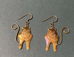 Vintage Brass Cat Dangle Earrings with Cute wire tails – FREE SHIP- USA SELLER