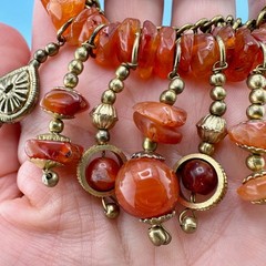 Vintage Bar Brooch Gold Tone Dangle Chains Carnelian Stone Beads Boho India