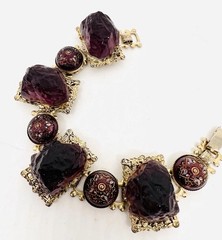 Chunky Purple Molded Glass & Lava Rock 3D Book Chain Bracelet Vintage Jewelry