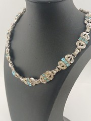 ART DECO REVIVAL Rhodium Plated Panels Clear & Aqua Blue Stones Choker Necklace