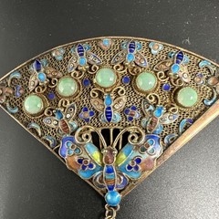 Antique 1920s Fan Brooch Pin Needle Gilt Sterling Silver 925 Enamel Turquoise