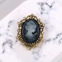 Vintage Victorian Style Cameo Brooch Pin Petite Black & Gray Rhinestone New