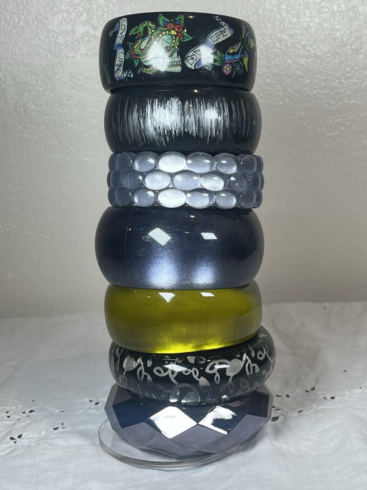 Lot of 7 Vintage Chunky Lucite Bangle Bracelets Gray, Green Moonglow, Faceted,