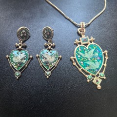 Vintage Heart Bird Jewelry Set Necklace Earrings Gold Victorian Gift Women