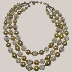 Vintage Hong Kong 3 Strand Faux Pearl Necklace Champagne Gold Beaded Choker