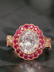 Art Deco Oval Cut Lab Created Diamond & Ruby Halo Wedding Bridal 925 Silver Ring