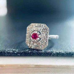 Art Deco Style Lab Created Diamond & Ruby Engagement 14K White Gold Finish Ring