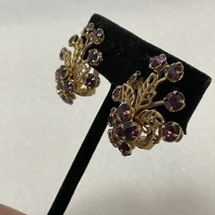 Vintage Purple Rhinestone Floral Cluster Clip-On Earrings Gold Tone